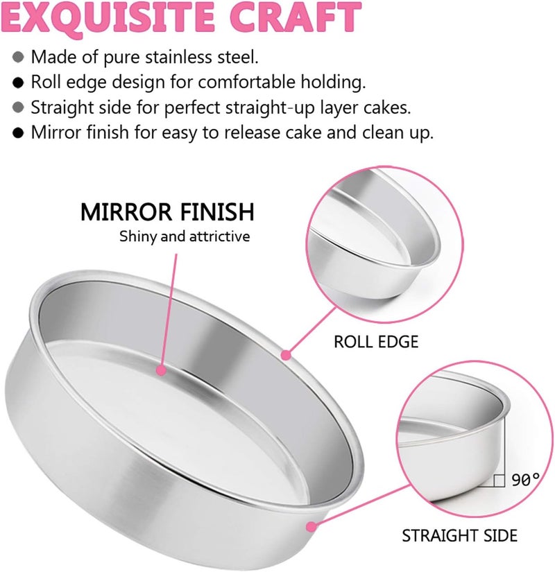 E-far 6 Inch Cake Pan Set of 2, Stainless Steel Round Smash Cake Baking Pans, Non-Toxic & Healthy, Mirror Finish & Dishwasher Safe - Image 3