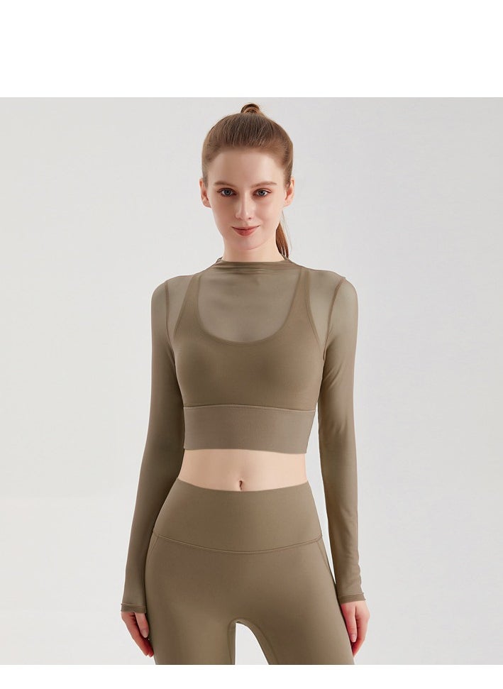Generic Female Cross Thin Suspender Fashion Mesh Breathable Long Sleeved Fake Two-Piece Yoga Suit 
