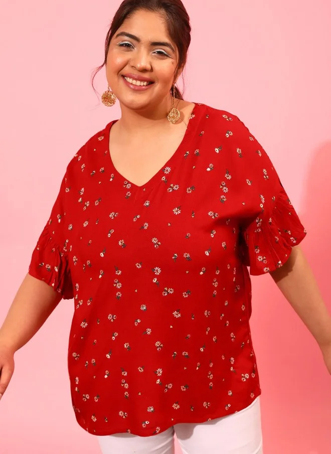 CURVY STREET Floral Printed Bell Sleeves Top for Women