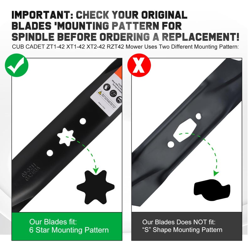 Grasscool 942-04308-X 942-04308 Mulching Blades with 6-Star Mounting Pattern for Cub Cadet 42 inch Deck Mower Troy Bilt Pony Bronco 42'' Zero Turn Lawn Tractor - Image 2