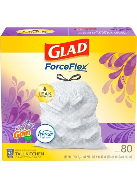 Trash Bags, ForceFlex Tall Kitchen Drawstring Garbage Bags 13 Gallon White Trash Bag, Mediterranean Lavender scent with Febreze Freshness 80 Count (Package May Vary)