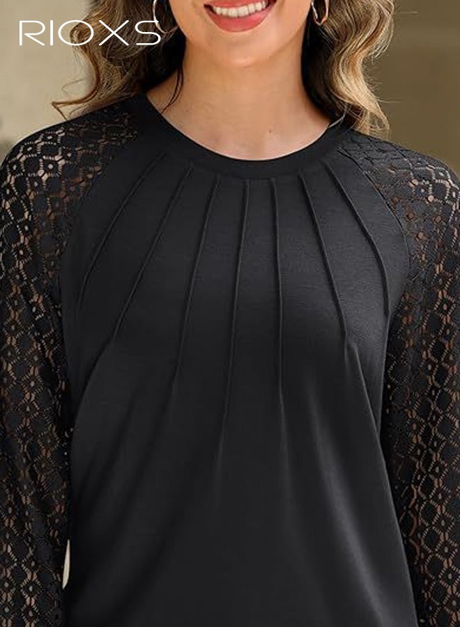RIOXS Women's Lace Long Sleeve Round-neck Shirts, Trendy Regular Fit Lantern Sleeve Dressy Casual Blouses for Ladies, Casual Pullover Business Work Shirts, Comfortable Lightweight Winter Fall Outfits for Office, Party, School, Dating, Work, Black - Image 3