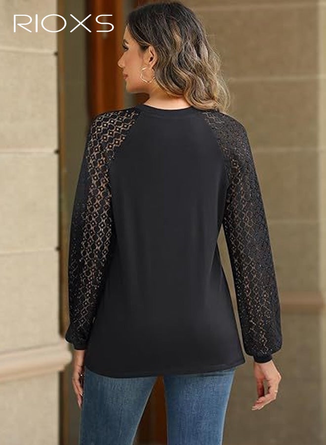 RIOXS Women's Lace Long Sleeve Round-neck Shirts, Trendy Regular Fit Lantern Sleeve Dressy Casual Blouses for Ladies, Casual Pullover Business Work Shirts, Comfortable Lightweight Winter Fall Outfits for Office, Party, School, Dating, Work, Black - Image 2