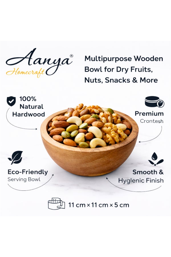 Aanya Homecraft Premium Acacia Wood 11cm Round Nut Bowl – Handcrafted Mini Snack & Dry Fruit Bowl for Dining, Coffee Table & Gifting, Natural Brown - Image 3