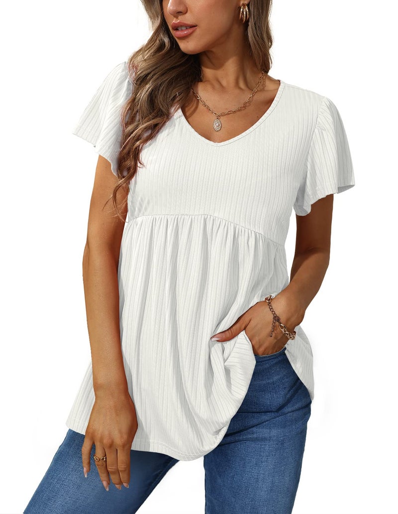 Glanzition Short Sleeve Shirts for Women Babydoll Tops Summer Tunic Shirts V Neck White XXL - Image 1
