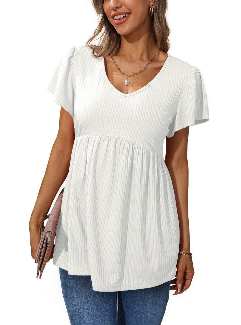 Glanzition Short Sleeve Shirts for Women Babydoll Tops Summer Tunic Shirts V Neck White XXL - Image 2