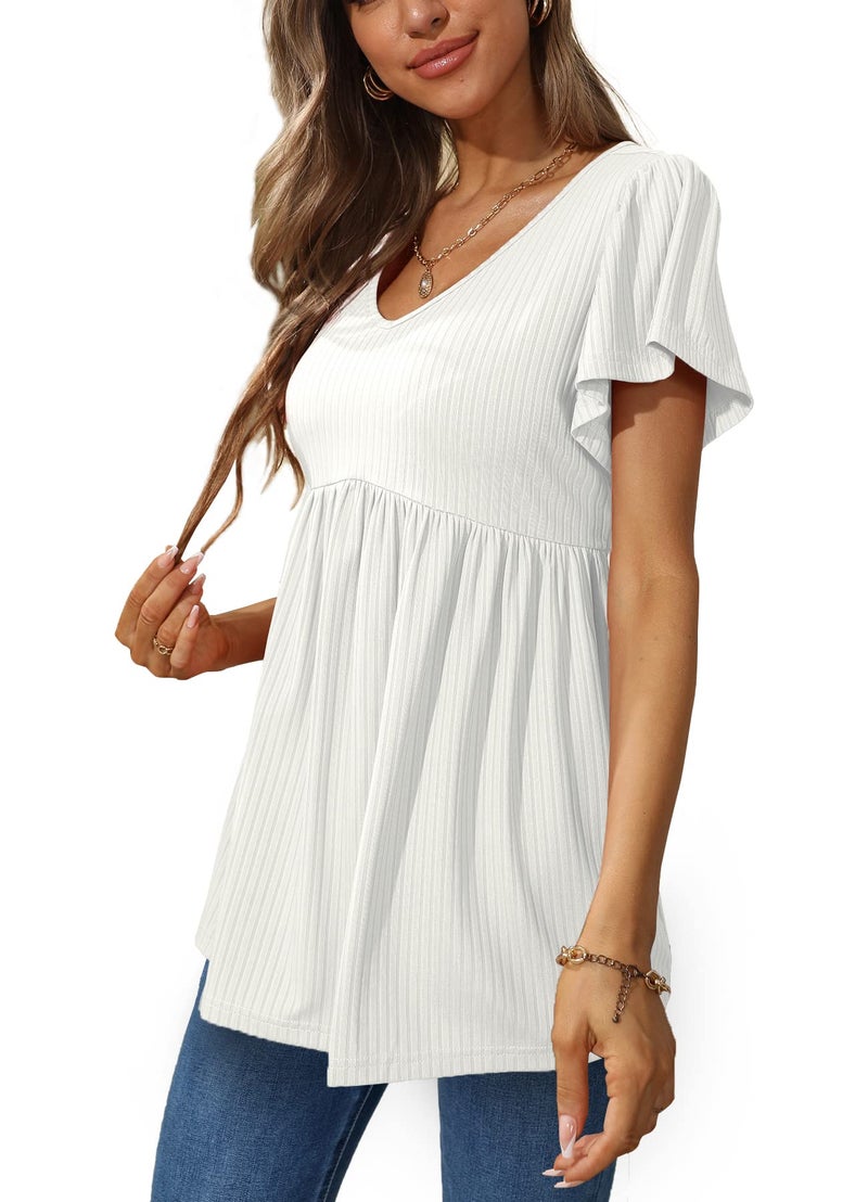 Glanzition Short Sleeve Shirts for Women Babydoll Tops Summer Tunic Shirts V Neck White XXL - Image 3