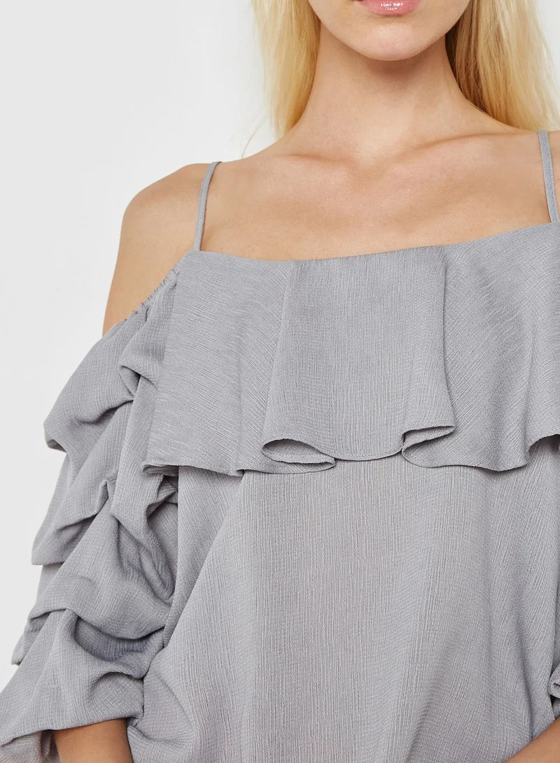 Ginger Puffed Sleeve Ruffle Cold Shoulder Top