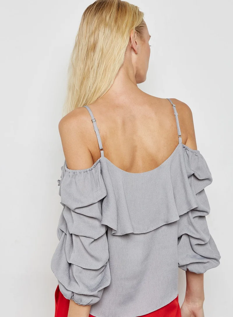 Ginger Puffed Sleeve Ruffle Cold Shoulder Top
