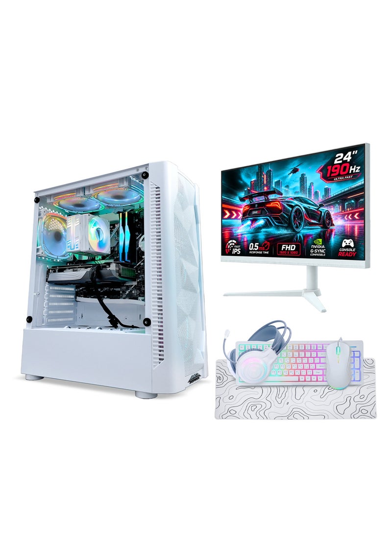عرب جيمرز حزمة كمبيوتر ألعاب الكل في واحد باللون الأبيض - معالج Intel Core i5-12400F، بطاقة رسومات NVIDIA GeForce RTX 5060 8GB، ذاكرة وصول عشوائي 16 جيجابايت، قرص NVMe SSD سعة 1 تيرابايت، شاشة FHD بحجم 24 بوصة ومعدل تحديث 190 هرتز، لوحة مفاتيح، ماوس، سماعة رأس، ويندوز 11 برو - Image 1