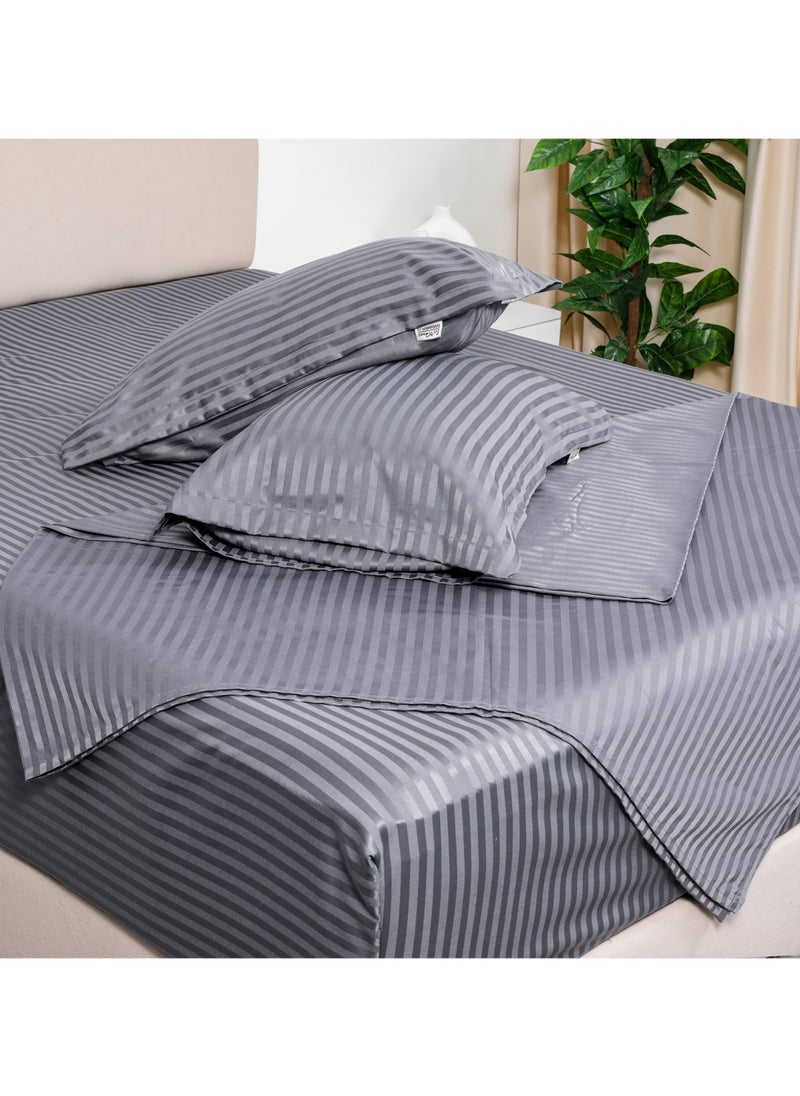 BedNHome Fitted Bed Sheet Set, 100% Egyptian Cotton, 350Tc, Stripe, 1Cm, Gray ,2Pillowcases. 120X200Cm  - Image 3