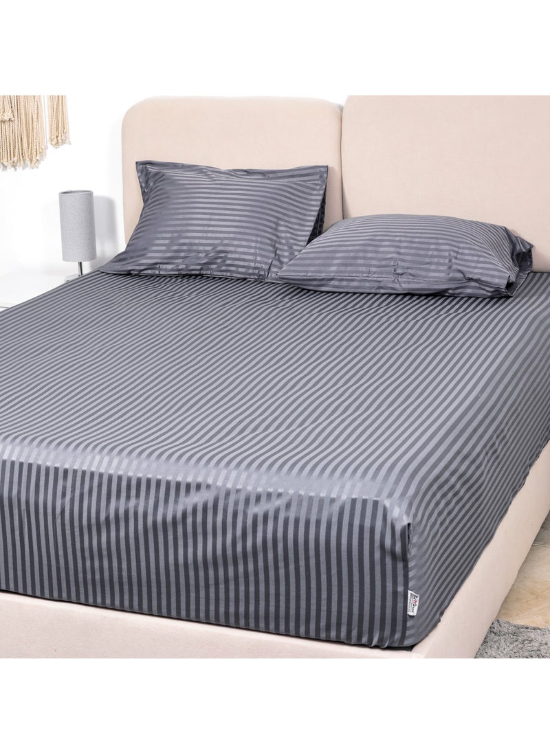 BedNHome Fitted Bed Sheet Set, 100% Egyptian Cotton, 350Tc, Stripe, 1Cm, Gray ,2Pillowcases. 120X200Cm  - Image 1