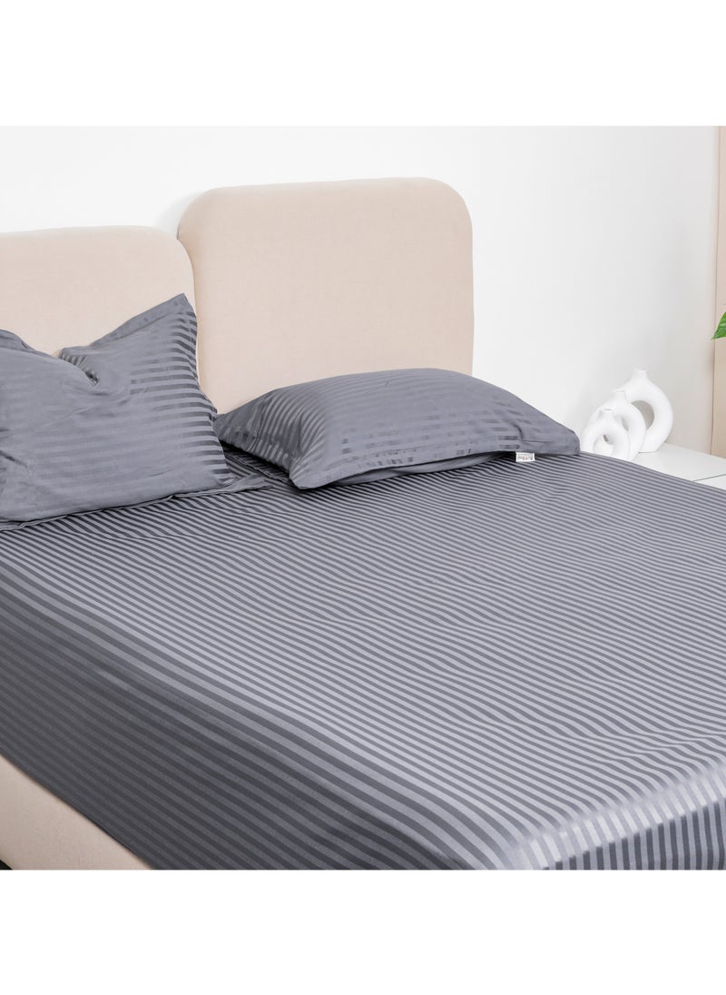 BedNHome Fitted Bed Sheet Set, 100% Egyptian Cotton, 350Tc, Stripe, 1Cm, Gray ,2Pillowcases. 120X200Cm  - Image 2