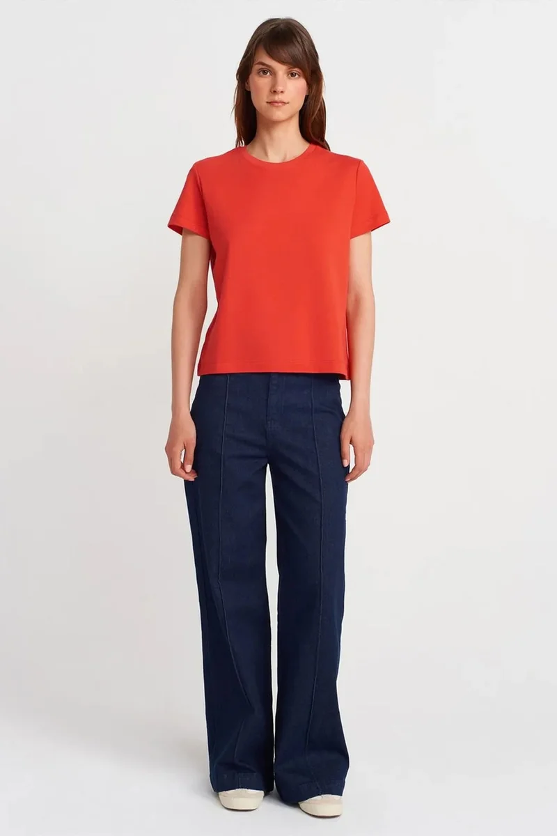 Dilvin Bright Orange DILVIN Women's Cotton Ribbed Crew Neck T-Shirt for Women | Best Price UAE