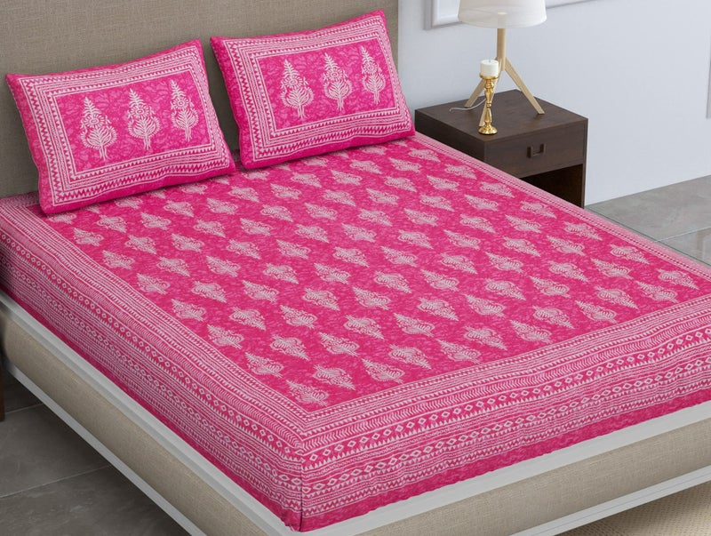 SheetKart Motif Floral Cotton Double Bedsheet Jaipuri Printed Bed Cover with 2 Pillow Covers - Pink Touch, 144 tc - Image 1