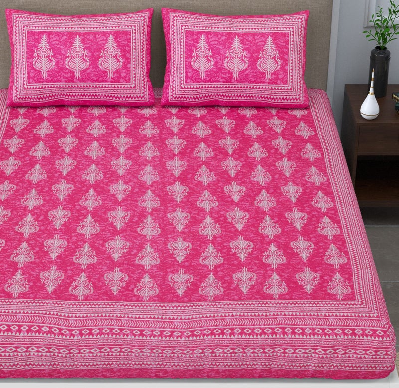 SheetKart Motif Floral Cotton Double Bedsheet Jaipuri Printed Bed Cover with 2 Pillow Covers - Pink Touch, 144 tc - Image 2