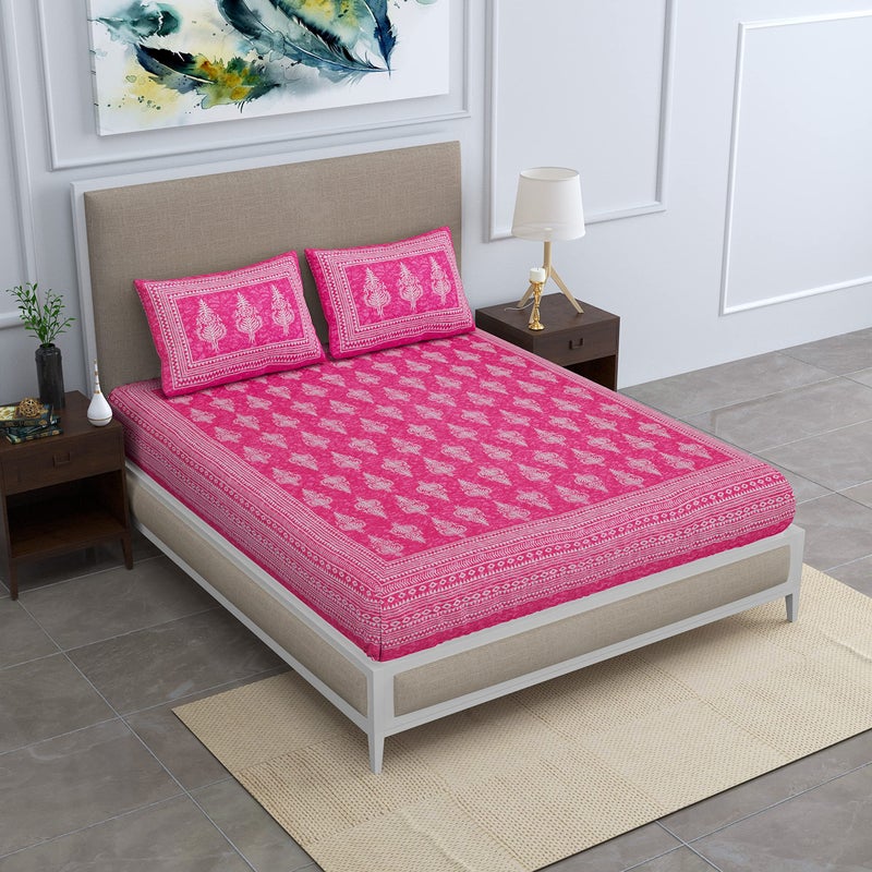 SheetKart Motif Floral Cotton Double Bedsheet Jaipuri Printed Bed Cover with 2 Pillow Covers - Pink Touch, 144 tc - Image 3
