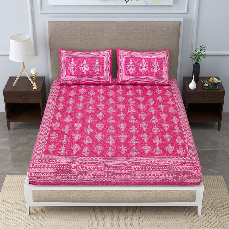 SheetKart Motif Floral Cotton Double Bedsheet Jaipuri Printed Bed Cover with 2 Pillow Covers - Pink Touch, 144 tc - Image 4