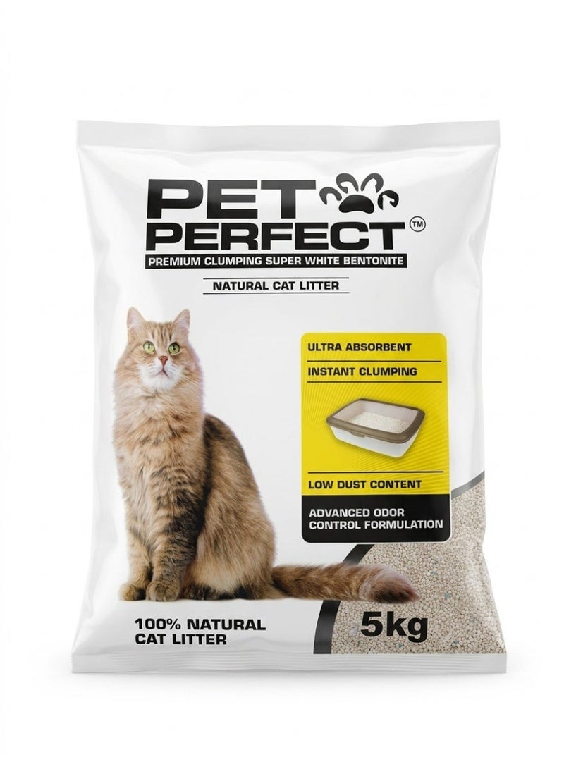 PET PERFECT Premium Clumping Super White Bentonite Cat Litter 5KG |  Forms Quickly Strong Clumps - Superior Odour Control Cat litter| Multi Cat formula | Highly absorbent and easy to clump, this cat litter keeps the box fresh and comfortable for your cat, every single time. - Image 1