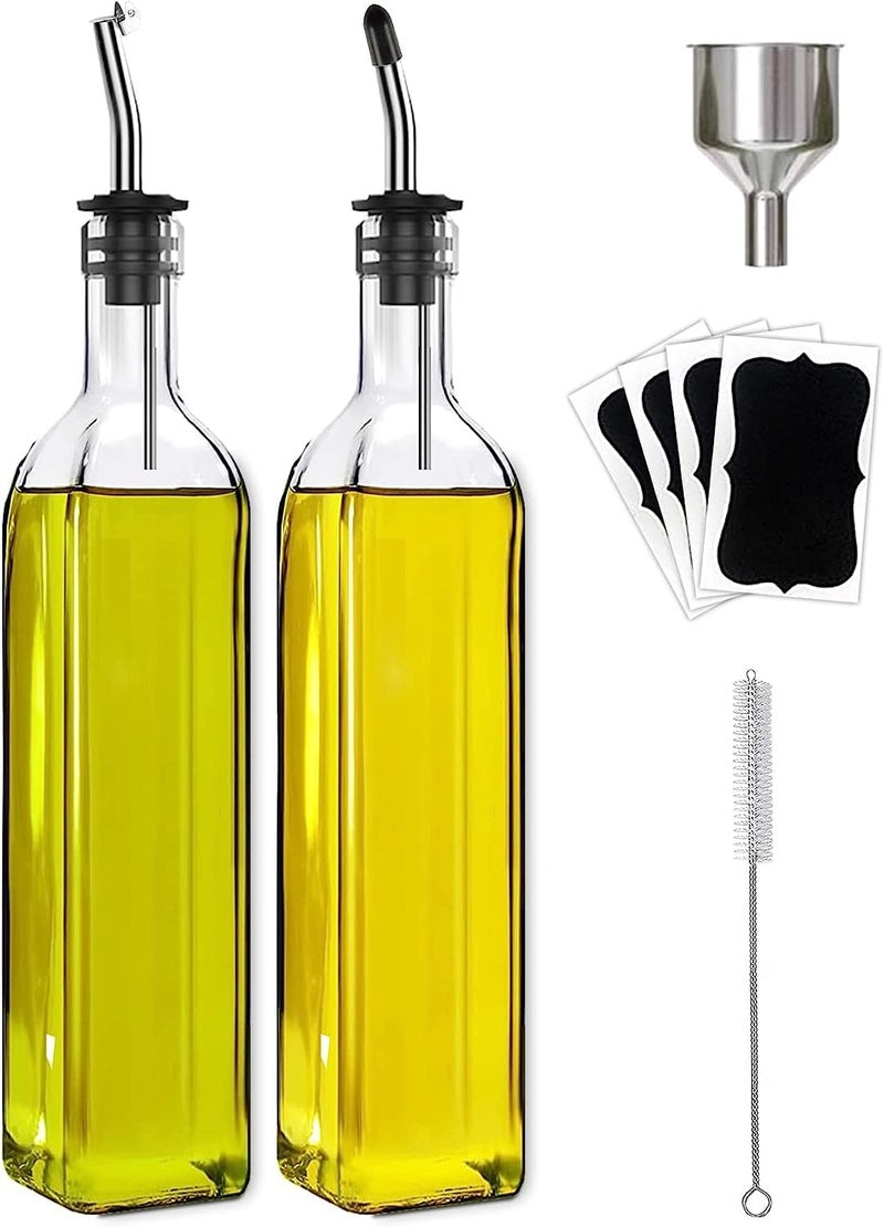 Leaflai Olive Oil Dispenser Bottle 2 Pcs Glass Olive Oil Dispenser and Vinegar Dispenser Set with 2 Stainless Steel Pourers 4 Labels1 Brush and 1 Funnel Oil Bottles for Kitchen 500ml