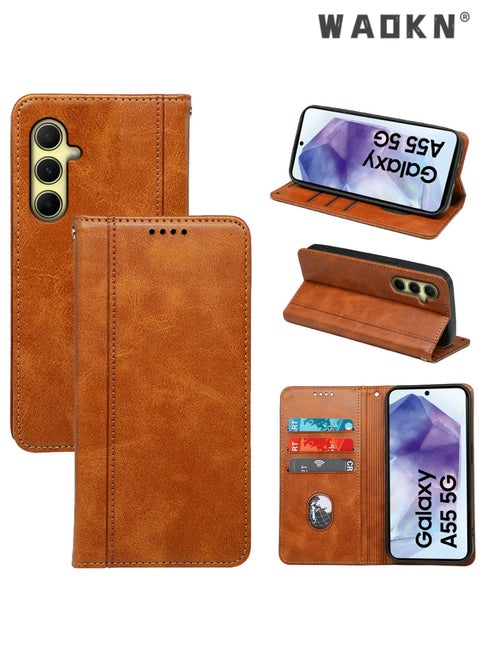 Samsung Galaxy A55 5G Wallet Case 6.6 Inch, Leather Wallet Phone Case,PU Leather Flip Folio Phone Case with Card Holders RFID Blocking Kickstand [Shockproof TPU Inner Shell] (Brown)