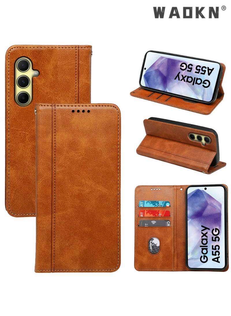 WAOKN Samsung Galaxy A55 5G Wallet Case 6.6 Inch, Leather Wallet Phone Case,PU Leather Flip Folio Phone Case with Card Holders RFID Blocking Kickstand [Shockproof TPU Inner Shell] (Brown)  - Image 1
