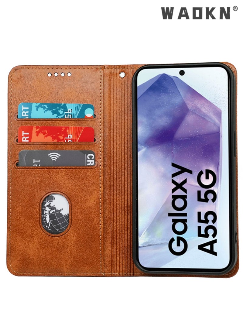 WAOKN Samsung Galaxy A55 5G Wallet Case 6.6 Inch, Leather Wallet Phone Case,PU Leather Flip Folio Phone Case with Card Holders RFID Blocking Kickstand [Shockproof TPU Inner Shell] (Brown)  - Image 3