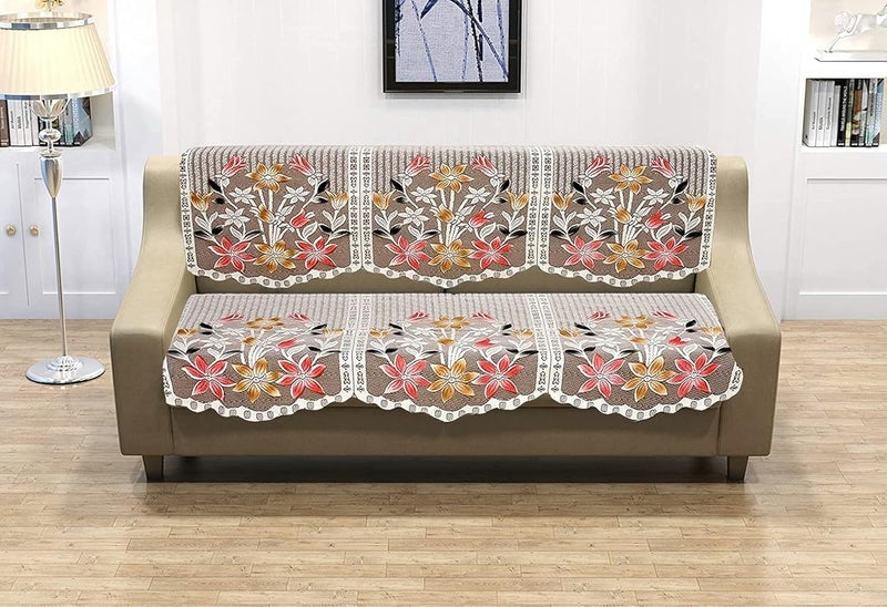 HOMECROWN Polyester Cotton Blended Floral 3 Seater Sofa Cover Brown - Image 1