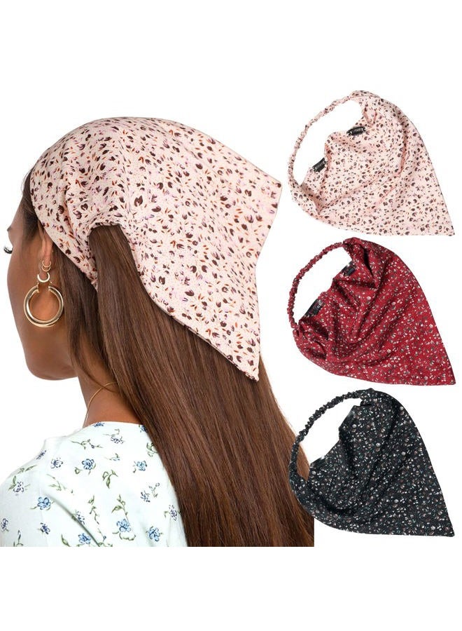 AWAYTR Elastic Hair Scarf Headband 3PCS Head Scarves with Clips Kerchief Hair Bandanas Headband for Women, Flower(light Coffee/Burgundy/Navy), 1 Count (Pack of 3) - Image 1