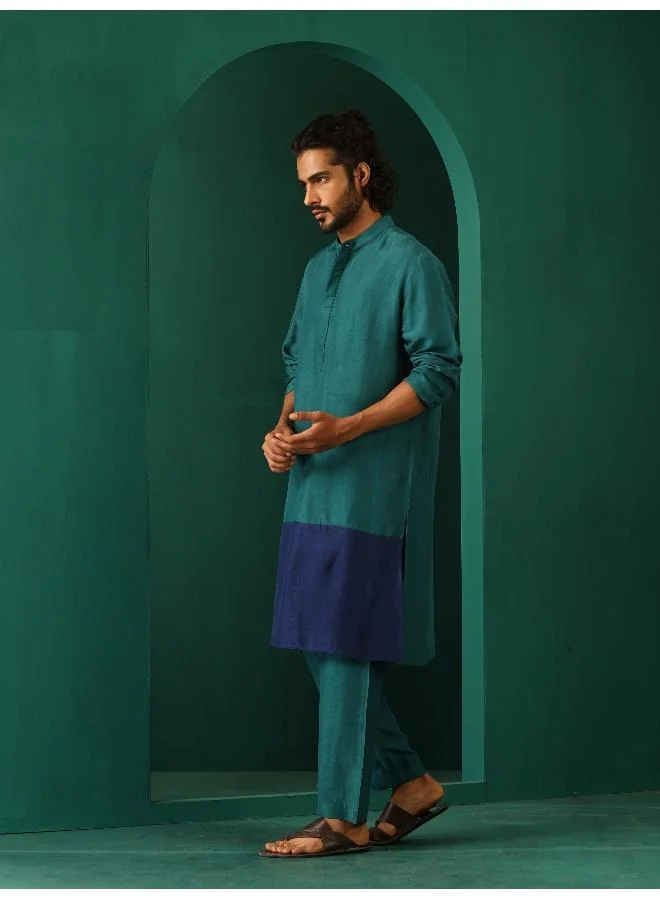 trueBrowns Men's Blue Color Block Silk Long Kurta