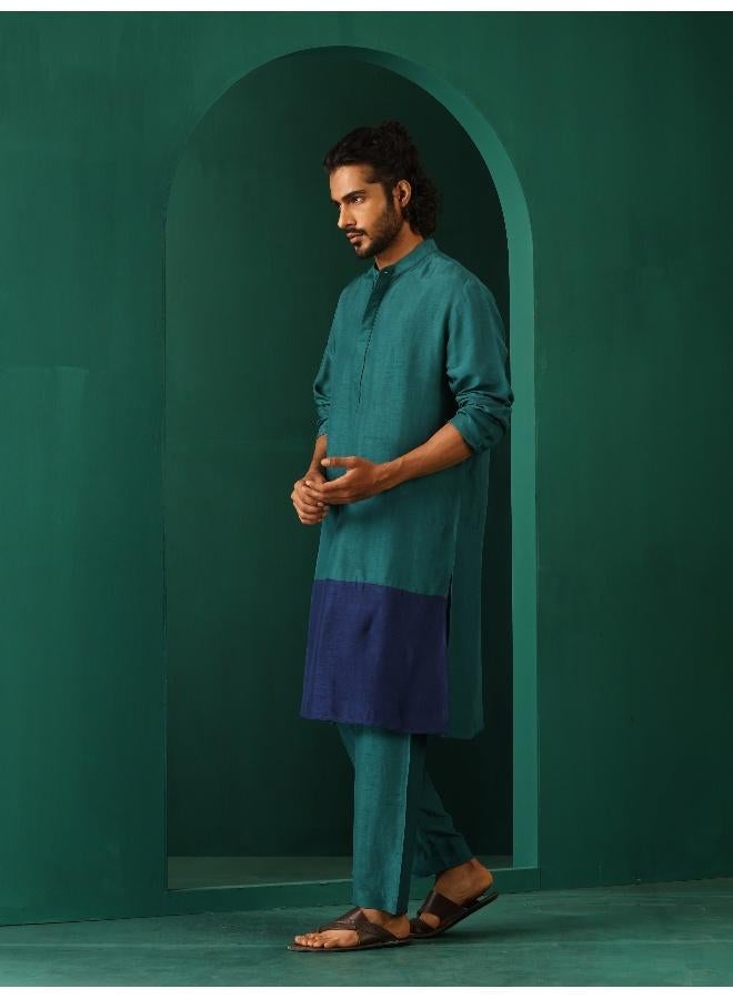 ترو برونز Men's Blue Color Block Silk Long Kurta - Image 5