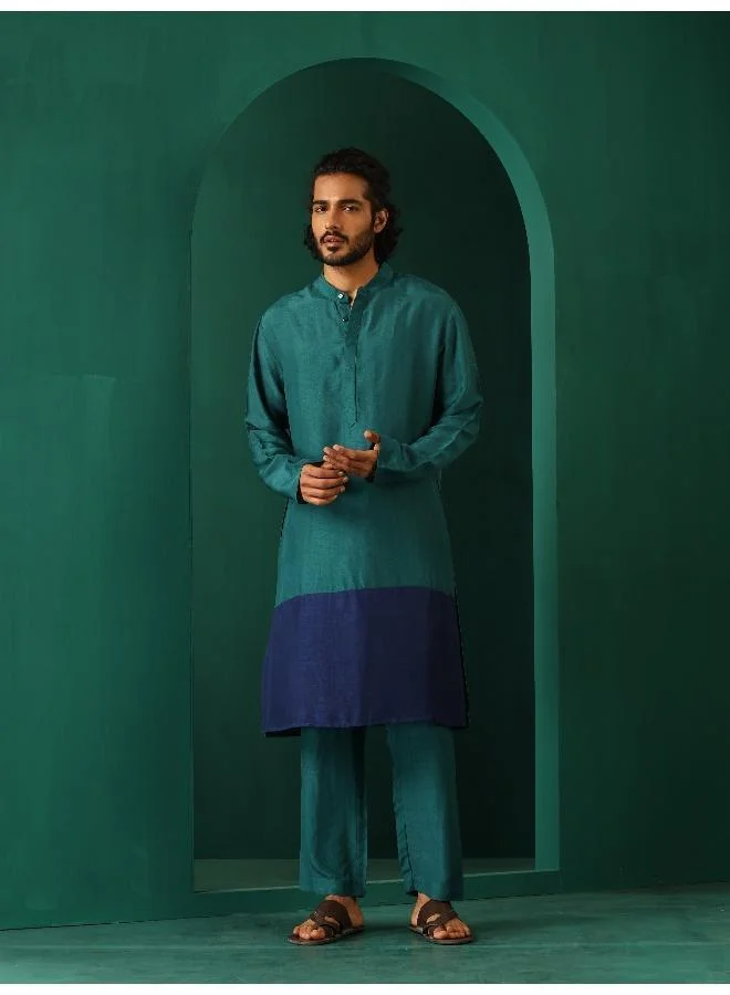 trueBrowns Men's Blue Color Block Silk Long Kurta