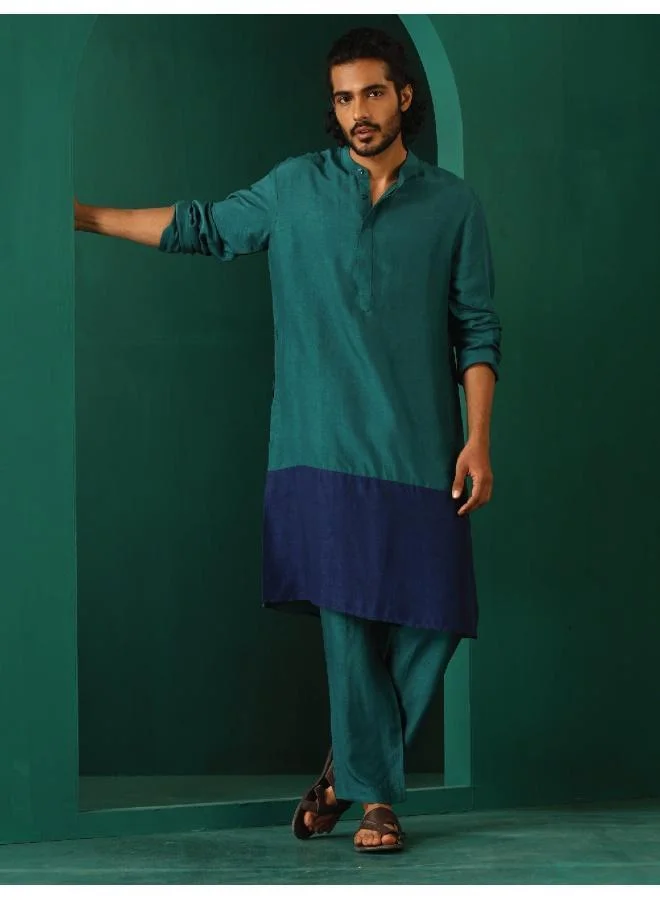 ترو برونز Men's Blue Color Block Silk Long Kurta