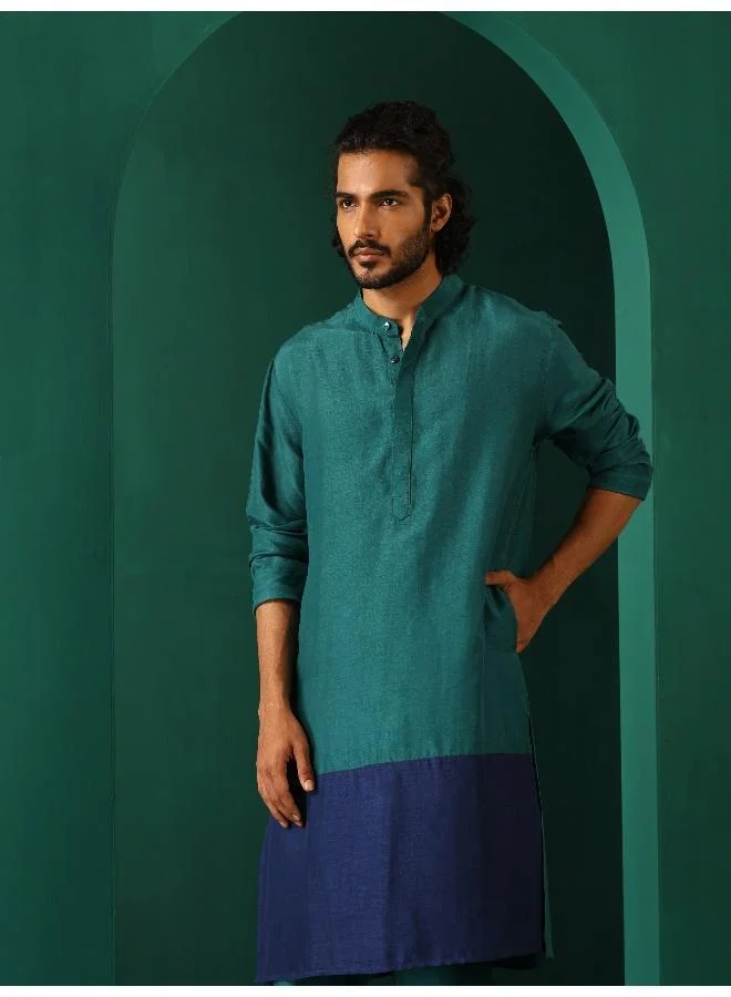 trueBrowns Men's Blue Color Block Silk Long Kurta