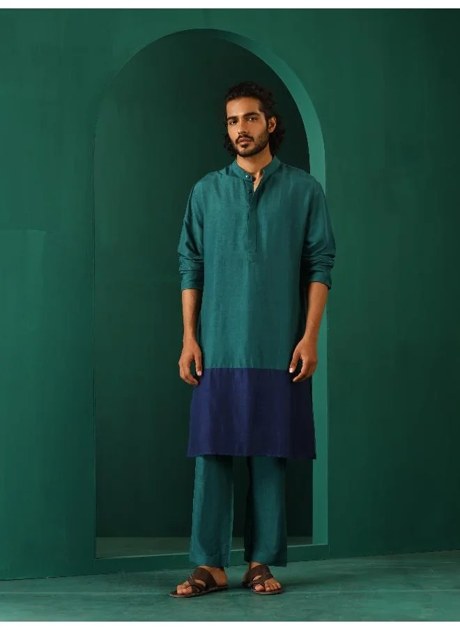 ترو برونز Men's Blue Color Block Silk Long Kurta