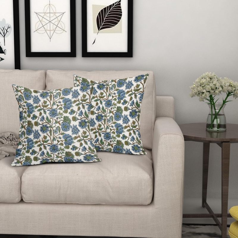 غطاء وسادة مزهر بتصميم عتيق 18×18 بوصة مزيج من القطن والكتان نقشة نسيج نباتية على الوجهين - غطاء وسادة ناعم وداعم مع سحاب مخفي لأريكة غرفة المعيشة - Image 5