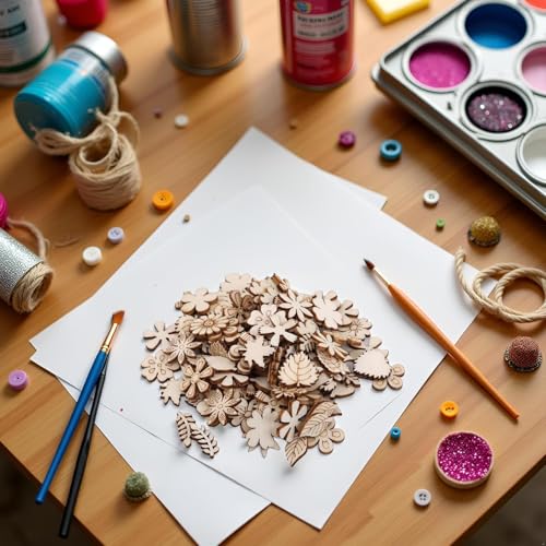 Curious Button 100 Pcs Wooden Flower Leaf Pattern Cutouts – 1 Inch Mini Unfinished MDF Wood Slices for Crafts, DIY Projects, Scrapbooking, Resin, and Home Decoration - Image 4