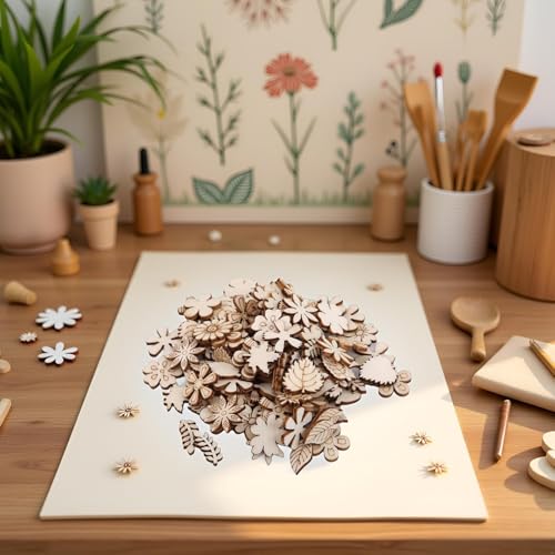 Curious Button 100 Pcs Wooden Flower Leaf Pattern Cutouts – 1 Inch Mini Unfinished MDF Wood Slices for Crafts, DIY Projects, Scrapbooking, Resin, and Home Decoration - Image 2