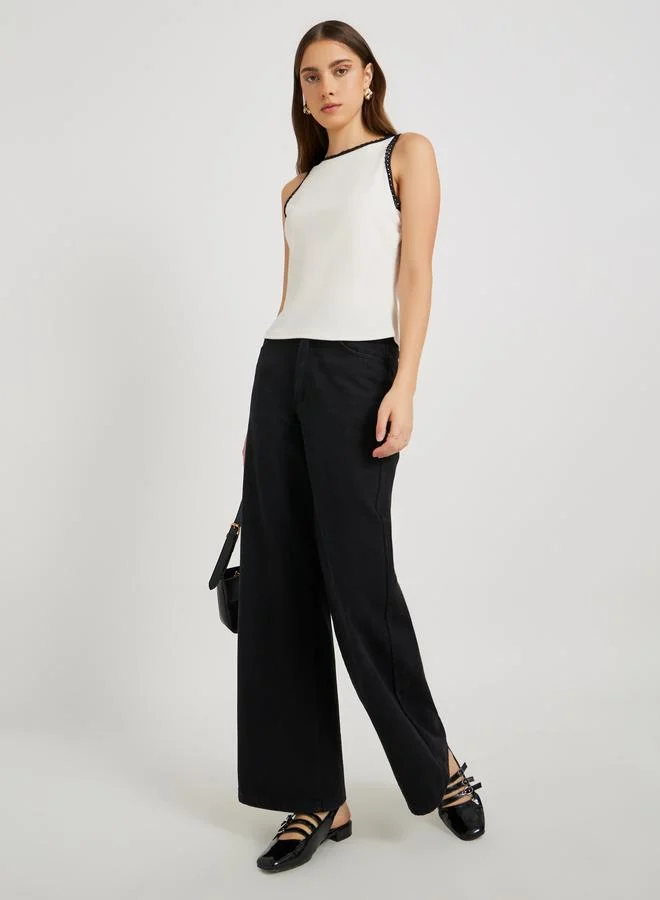 تايك تو Take Two Solid Lace Trim Sleeveless Top