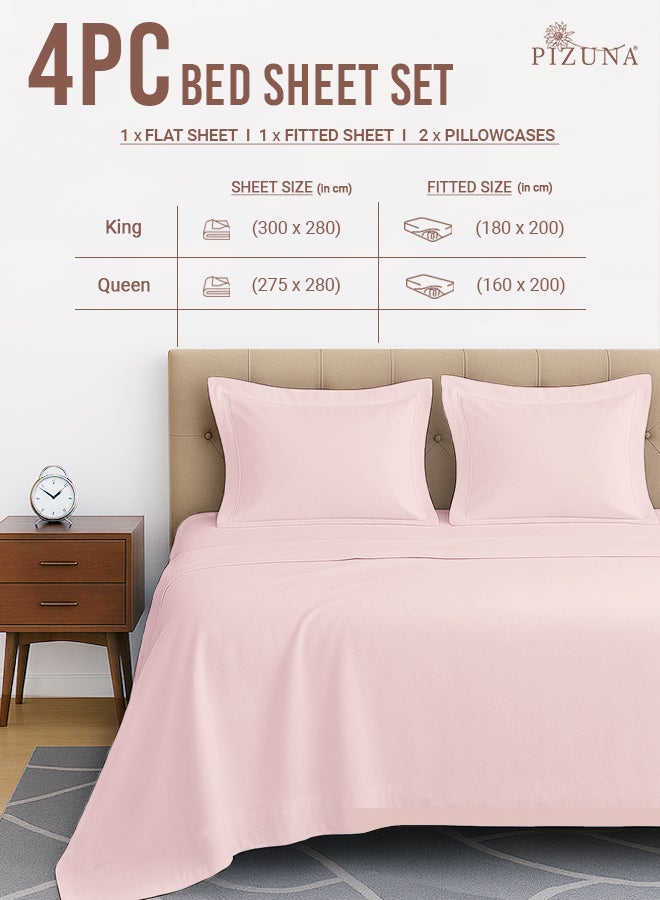 Pizuna Pure Combed Cotton Bed Sheet Set King Size Light Pink, 400 Thread Count Cozy Luxury 100% Long Staple Cotton Sateen Weave Bedsheet Set (1 Flat Sheet, 1 Fitted Sheet, 2 Pillowcases) - Image 3