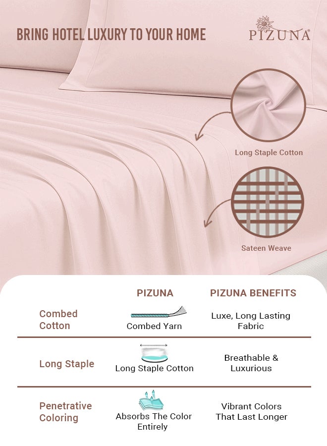 Pizuna Pure Combed Cotton Bed Sheet Set King Size Light Pink, 400 Thread Count Cozy Luxury 100% Long Staple Cotton Sateen Weave Bedsheet Set (1 Flat Sheet, 1 Fitted Sheet, 2 Pillowcases) - Image 2