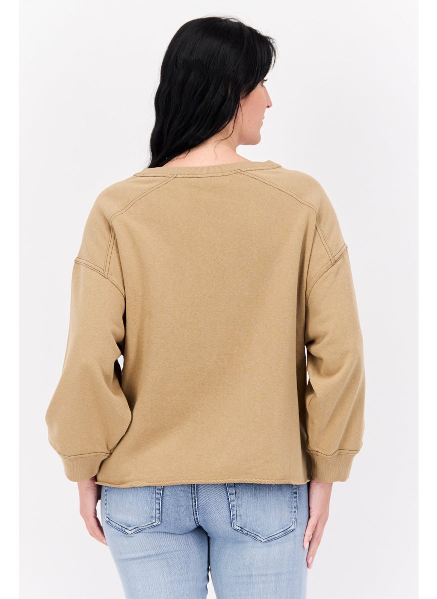 Sage Collective Women Crew Neck Solid Sweatshirt, Tan  - Image 3