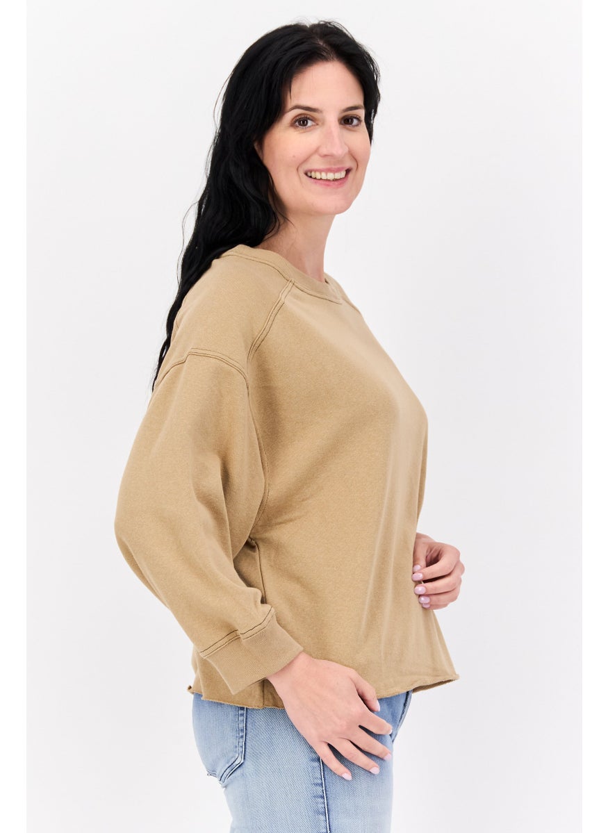 Sage Collective Women Crew Neck Solid Sweatshirt, Tan  - Image 2