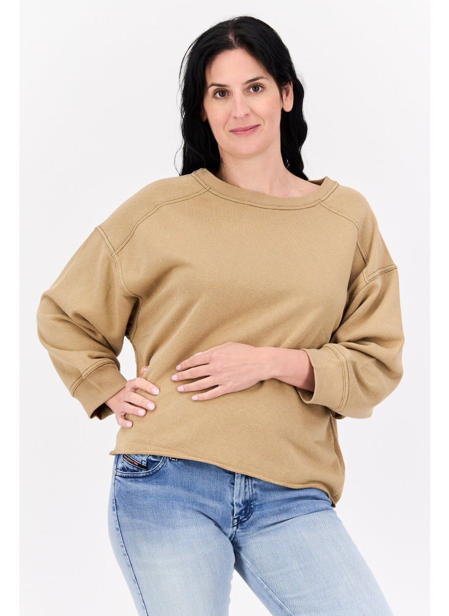 Sage Collective Women Crew Neck Solid Sweatshirt, Tan  - Image 1