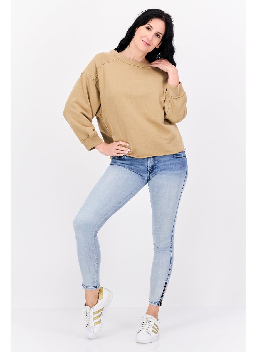 Sage Collective Women Crew Neck Solid Sweatshirt, Tan  - Image 4