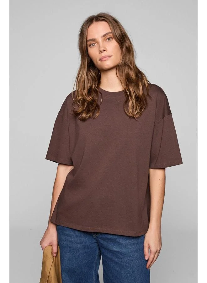 GRIMELANGE LAGERTHA Women's 100% Organic Cotton Thick Textured Oversized Fit Round Collar Dark Brown T-Shirt.