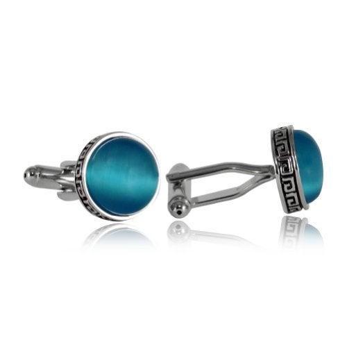 Cuff-Daddy Greek Aquamarine Blue Catseye-Style Cufflinks Business Wedding parties Greek Key Pattern Edge Blue Crystal Circular comfortable wear Jewelry Gifts for Men husband with Presentation Box - Image 2