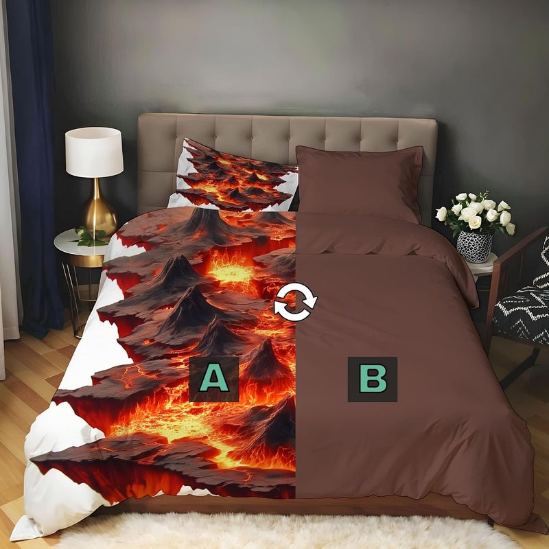 3 Piece Bedding Sets Twin Size - 3D Landscape Bed Set Lava and Volcanoes Printed Reversible Design,Soft Microfiber Comforter Duvet Cover Set with Pillow Shams 68 x 90in - Image 5