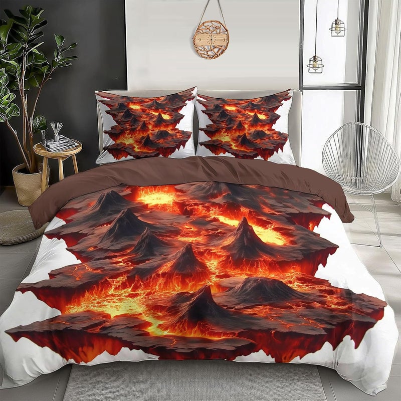 3 Piece Bedding Sets Twin Size - 3D Landscape Bed Set Lava and Volcanoes Printed Reversible Design,Soft Microfiber Comforter Duvet Cover Set with Pillow Shams 68 x 90in - Image 1