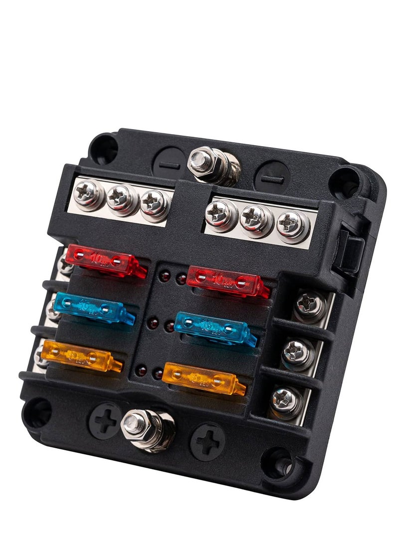 Excefore 6 Way Fuse Block,12V Blade Circuit ATC/ATO Waterproof Box Holder with LED Indicator Waterpoof Cover for 12V/24V Automotive Truck Boat Marine RV Van Vehicle (with 12 pcs Fuse) - Image 1
